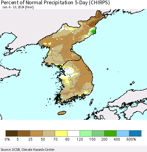 Korea Percent of Normal Precipitation 5-Day (CHIRPS) Thematic Map For 1/6/2024 - 1/10/2024
