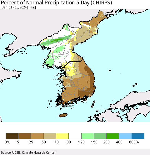 Korea Percent of Normal Precipitation 5-Day (CHIRPS) Thematic Map For 1/11/2024 - 1/15/2024