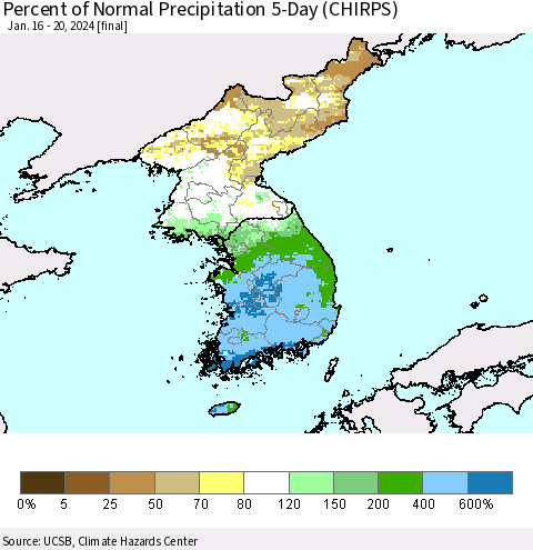 Korea Percent of Normal Precipitation 5-Day (CHIRPS) Thematic Map For 1/16/2024 - 1/20/2024