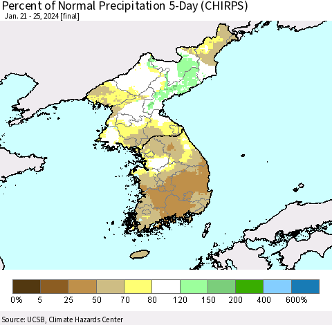 Korea Percent of Normal Precipitation 5-Day (CHIRPS) Thematic Map For 1/21/2024 - 1/25/2024
