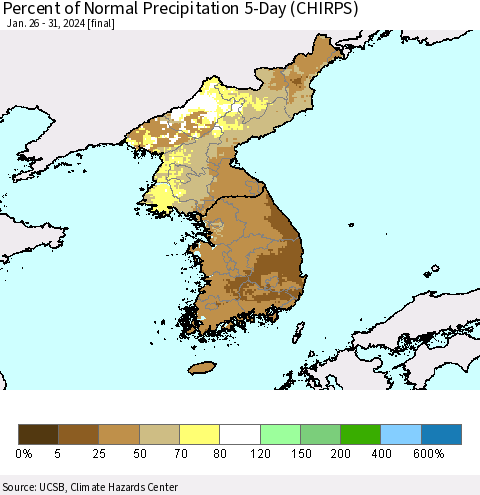 Korea Percent of Normal Precipitation 5-Day (CHIRPS) Thematic Map For 1/26/2024 - 1/31/2024
