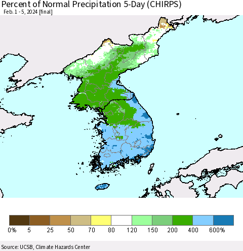 Korea Percent of Normal Precipitation 5-Day (CHIRPS) Thematic Map For 2/1/2024 - 2/5/2024