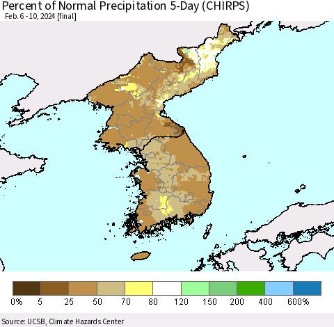 Korea Percent of Normal Precipitation 5-Day (CHIRPS) Thematic Map For 2/6/2024 - 2/10/2024