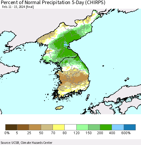 Korea Percent of Normal Precipitation 5-Day (CHIRPS) Thematic Map For 2/11/2024 - 2/15/2024
