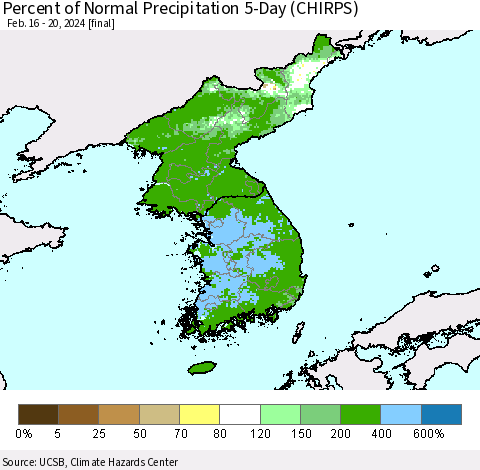 Korea Percent of Normal Precipitation 5-Day (CHIRPS) Thematic Map For 2/16/2024 - 2/20/2024