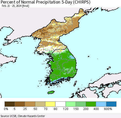 Korea Percent of Normal Precipitation 5-Day (CHIRPS) Thematic Map For 2/21/2024 - 2/25/2024