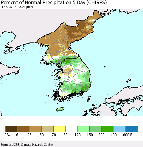 Korea Percent of Normal Precipitation 5-Day (CHIRPS) Thematic Map For 2/26/2024 - 2/29/2024