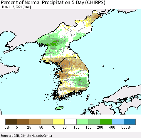 Korea Percent of Normal Precipitation 5-Day (CHIRPS) Thematic Map For 3/1/2024 - 3/5/2024