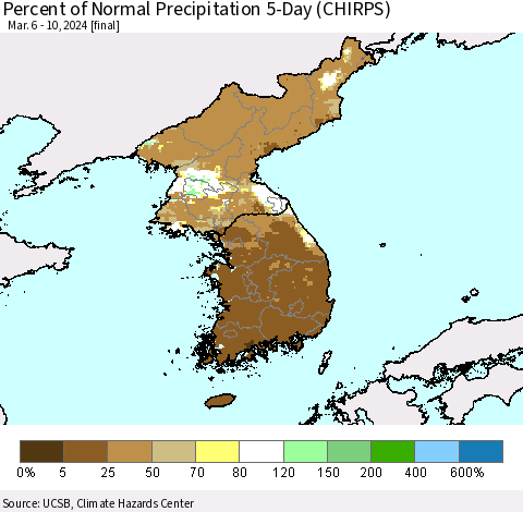 Korea Percent of Normal Precipitation 5-Day (CHIRPS) Thematic Map For 3/6/2024 - 3/10/2024