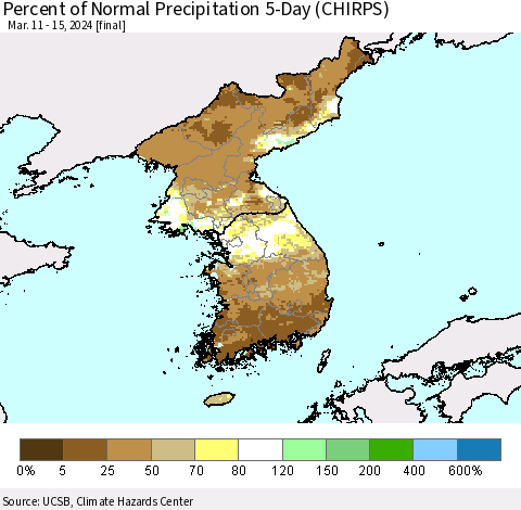 Korea Percent of Normal Precipitation 5-Day (CHIRPS) Thematic Map For 3/11/2024 - 3/15/2024