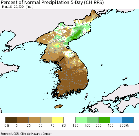 Korea Percent of Normal Precipitation 5-Day (CHIRPS) Thematic Map For 3/16/2024 - 3/20/2024