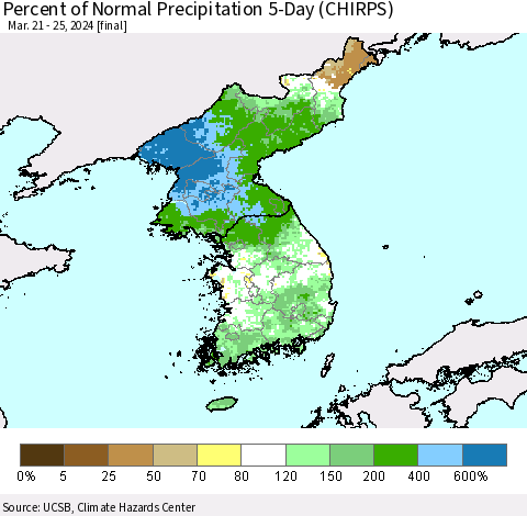 Korea Percent of Normal Precipitation 5-Day (CHIRPS) Thematic Map For 3/21/2024 - 3/25/2024