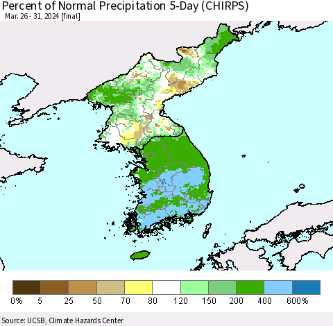 Korea Percent of Normal Precipitation 5-Day (CHIRPS) Thematic Map For 3/26/2024 - 3/31/2024