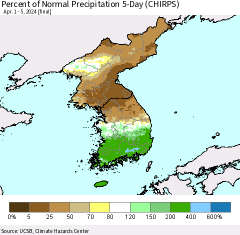 Korea Percent of Normal Precipitation 5-Day (CHIRPS) Thematic Map For 4/1/2024 - 4/5/2024