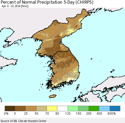 Korea Percent of Normal Precipitation 5-Day (CHIRPS) Thematic Map For 4/6/2024 - 4/10/2024