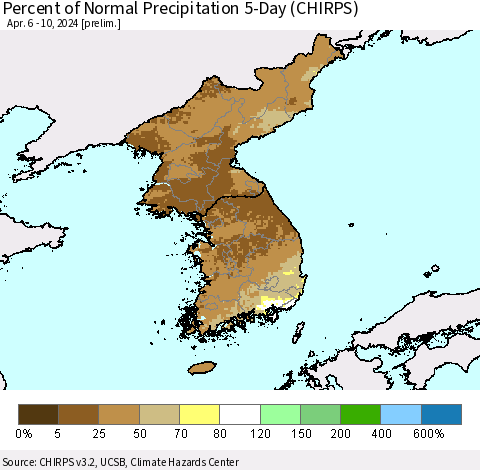 Korea Percent of Normal Precipitation 5-Day (CHIRPS) Thematic Map For 4/6/2024 - 4/10/2024