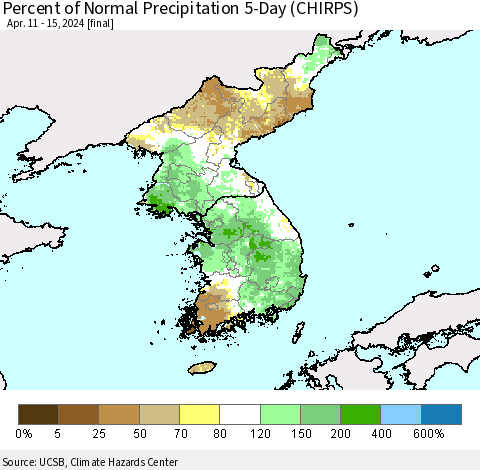 Korea Percent of Normal Precipitation 5-Day (CHIRPS) Thematic Map For 4/11/2024 - 4/15/2024