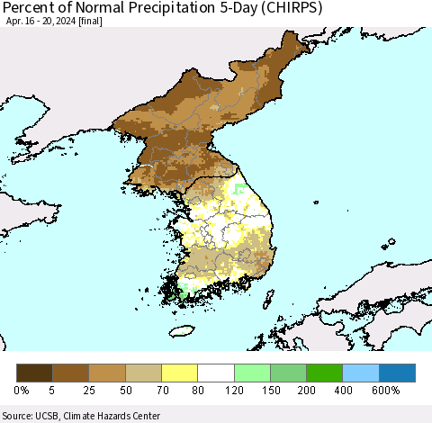 Korea Percent of Normal Precipitation 5-Day (CHIRPS) Thematic Map For 4/16/2024 - 4/20/2024