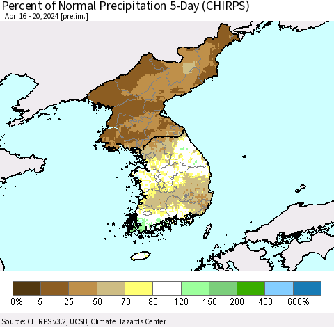Korea Percent of Normal Precipitation 5-Day (CHIRPS) Thematic Map For 4/16/2024 - 4/20/2024