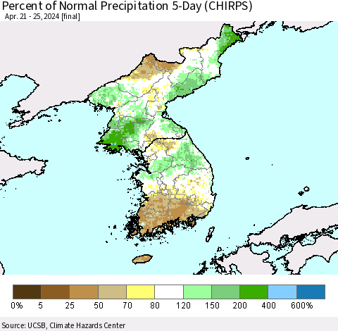 Korea Percent of Normal Precipitation 5-Day (CHIRPS) Thematic Map For 4/21/2024 - 4/25/2024