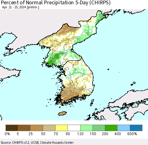 Korea Percent of Normal Precipitation 5-Day (CHIRPS) Thematic Map For 4/21/2024 - 4/25/2024