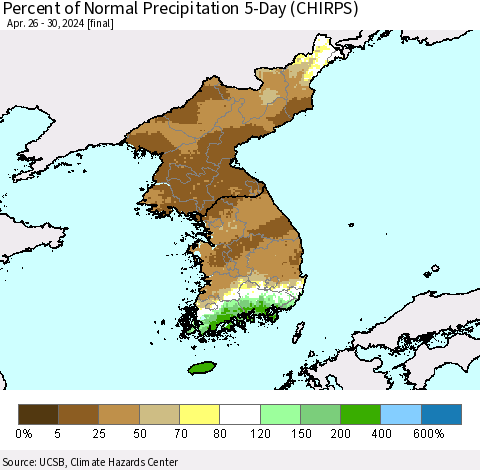Korea Percent of Normal Precipitation 5-Day (CHIRPS) Thematic Map For 4/26/2024 - 4/30/2024