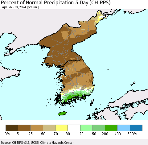 Korea Percent of Normal Precipitation 5-Day (CHIRPS) Thematic Map For 4/26/2024 - 4/30/2024