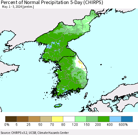 Korea Percent of Normal Precipitation 5-Day (CHIRPS) Thematic Map For 5/1/2024 - 5/5/2024