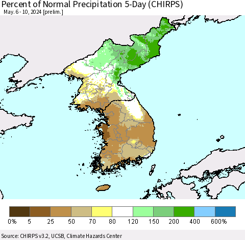 Korea Percent of Normal Precipitation 5-Day (CHIRPS) Thematic Map For 5/6/2024 - 5/10/2024