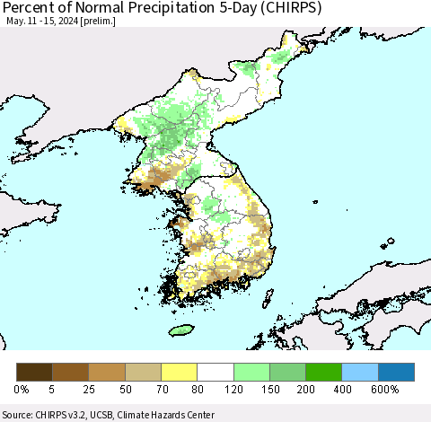 Korea Percent of Normal Precipitation 5-Day (CHIRPS) Thematic Map For 5/11/2024 - 5/15/2024