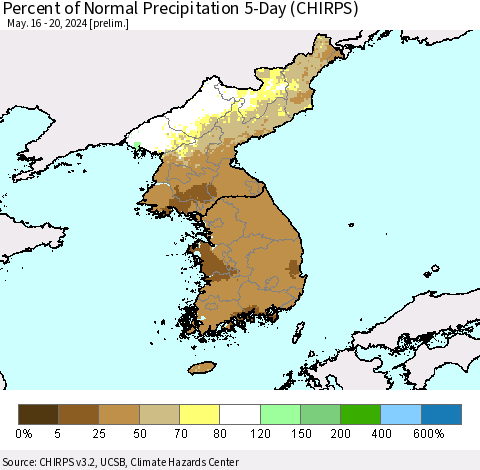 Korea Percent of Normal Precipitation 5-Day (CHIRPS) Thematic Map For 5/16/2024 - 5/20/2024