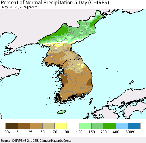 Korea Percent of Normal Precipitation 5-Day (CHIRPS) Thematic Map For 5/21/2024 - 5/25/2024