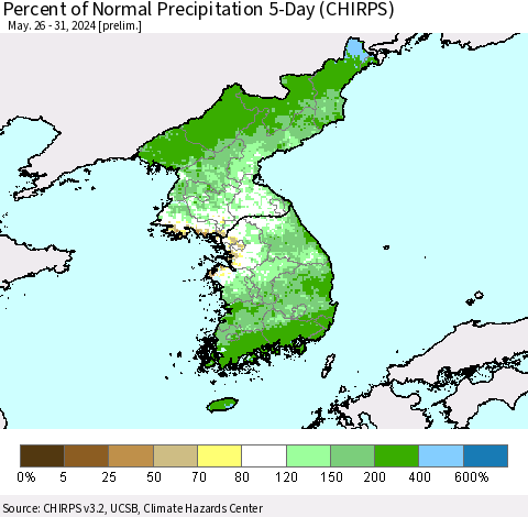 Korea Percent of Normal Precipitation 5-Day (CHIRPS) Thematic Map For 5/26/2024 - 5/31/2024