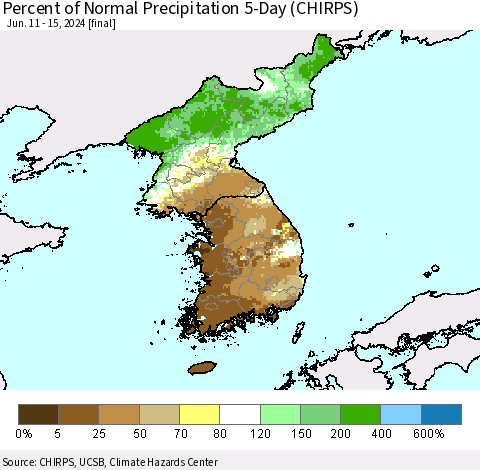 Korea Percent of Normal Precipitation 5-Day (CHIRPS) Thematic Map For 6/11/2024 - 6/15/2024