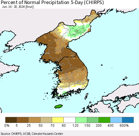 Korea Percent of Normal Precipitation 5-Day (CHIRPS) Thematic Map For 6/16/2024 - 6/20/2024