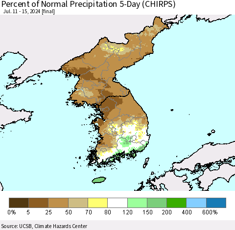 Korea Percent of Normal Precipitation 5-Day (CHIRPS) Thematic Map For 7/11/2024 - 7/15/2024