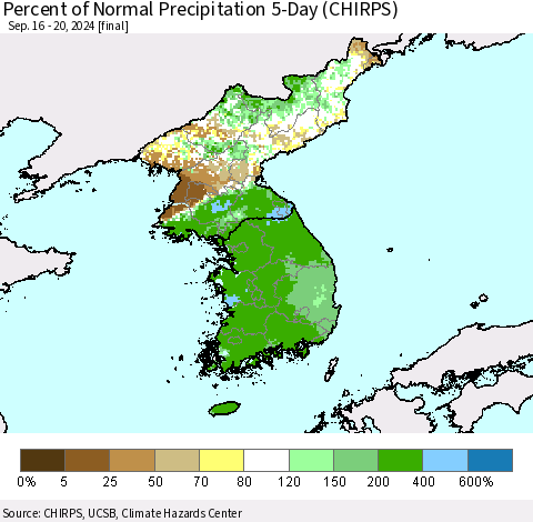 Korea Percent of Normal Precipitation 5-Day (CHIRPS) Thematic Map For 9/16/2024 - 9/20/2024