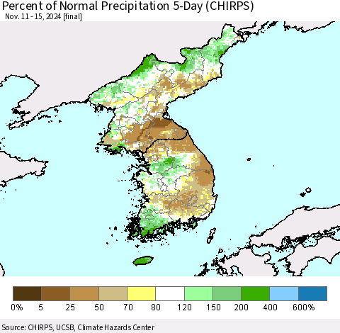 Korea Percent of Normal Precipitation 5-Day (CHIRPS) Thematic Map For 11/11/2024 - 11/15/2024