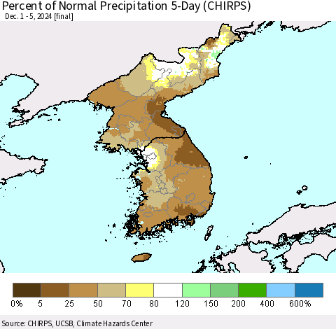 Korea Percent of Normal Precipitation 5-Day (CHIRPS) Thematic Map For 12/1/2024 - 12/5/2024