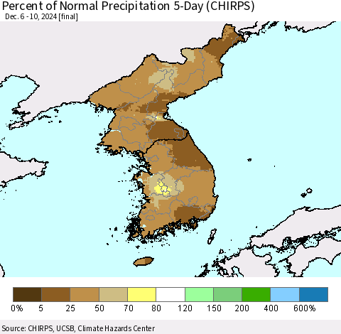 Korea Percent of Normal Precipitation 5-Day (CHIRPS) Thematic Map For 12/6/2024 - 12/10/2024