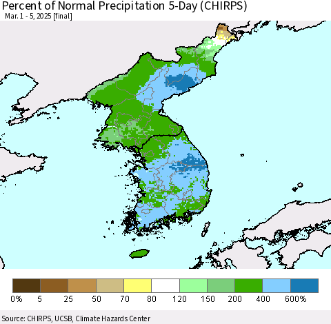 Korea Percent of Normal Precipitation 5-Day (CHIRPS) Thematic Map For 3/1/2025 - 3/5/2025