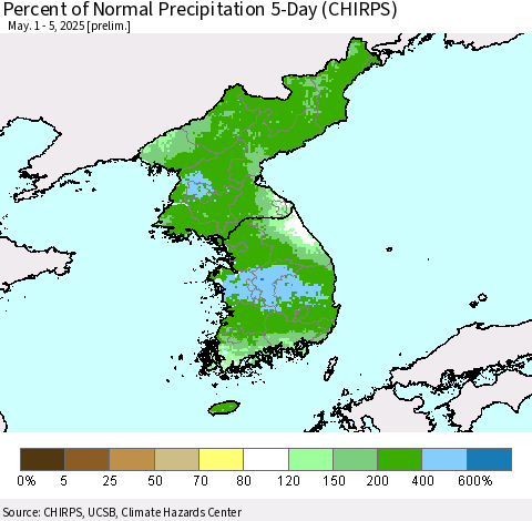 Korea Percent of Normal Precipitation 5-Day (CHIRPS) Thematic Map For 5/1/2025 - 5/5/2025
