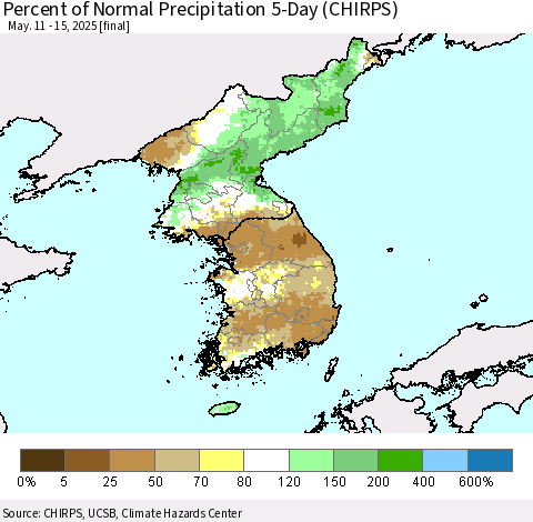 Korea Percent of Normal Precipitation 5-Day (CHIRPS) Thematic Map For 5/11/2025 - 5/15/2025