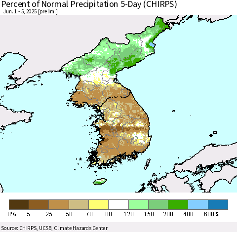 Korea Percent of Normal Precipitation 5-Day (CHIRPS) Thematic Map For 6/1/2025 - 6/5/2025
