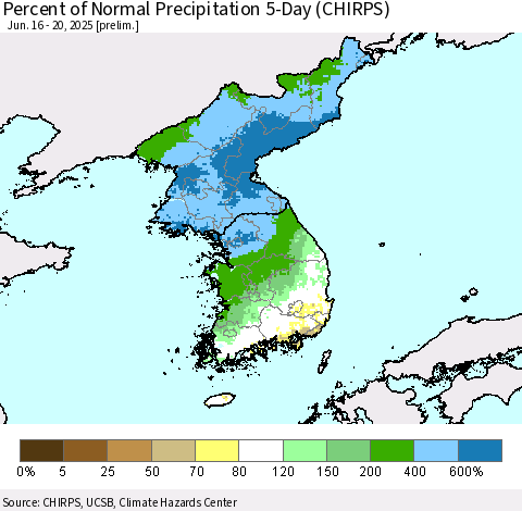 Korea Percent of Normal Precipitation 5-Day (CHIRPS) Thematic Map For 6/16/2025 - 6/20/2025