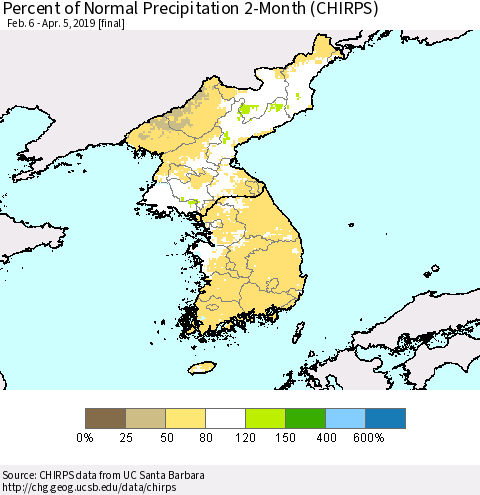Korea Percent of Normal Precipitation 2-Month (CHIRPS) Thematic Map For 2/6/2019 - 4/5/2019