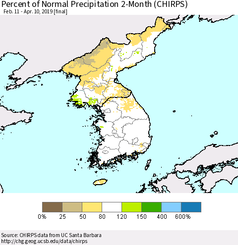 Korea Percent of Normal Precipitation 2-Month (CHIRPS) Thematic Map For 2/11/2019 - 4/10/2019