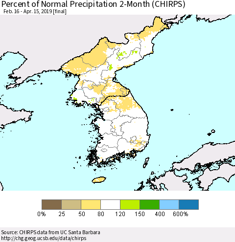 Korea Percent of Normal Precipitation 2-Month (CHIRPS) Thematic Map For 2/16/2019 - 4/15/2019