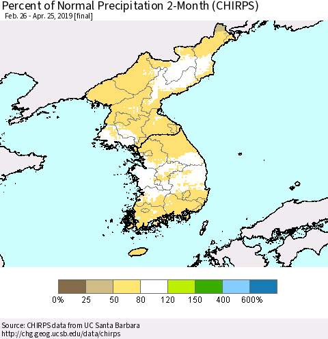 Korea Percent of Normal Precipitation 2-Month (CHIRPS) Thematic Map For 2/26/2019 - 4/25/2019