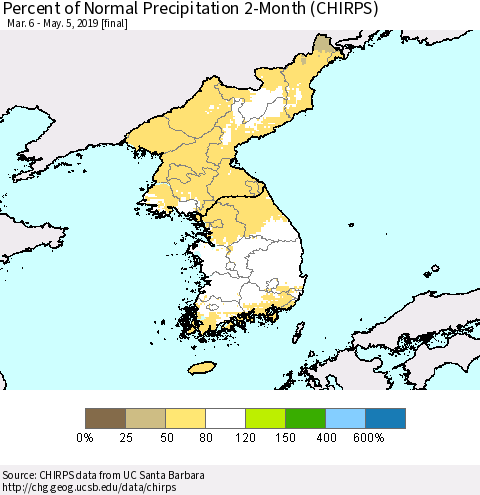 Korea Percent of Normal Precipitation 2-Month (CHIRPS) Thematic Map For 3/6/2019 - 5/5/2019